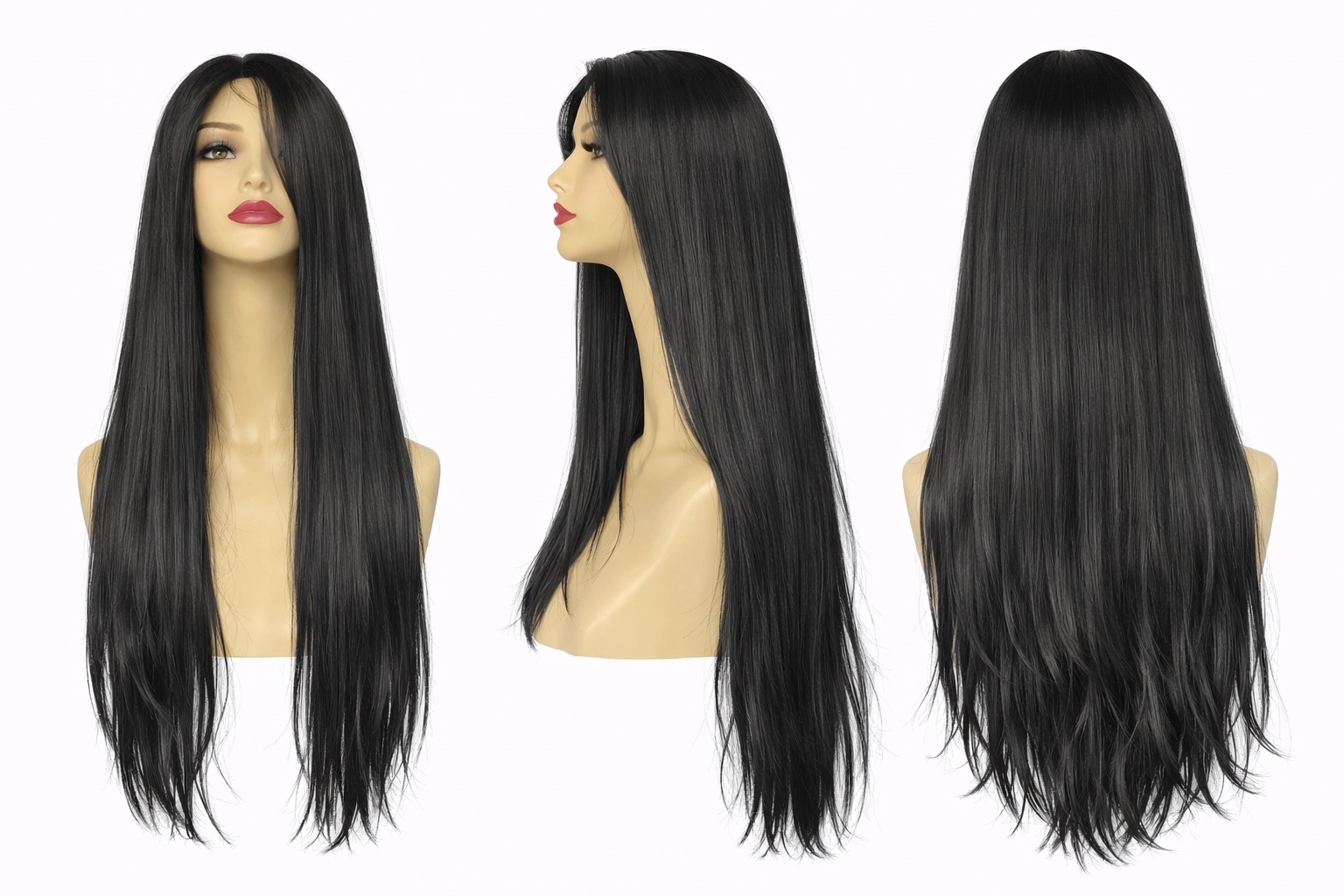 #1B Noir clair — Perruque synthétique lisse 70 cm — Front Lace Wig