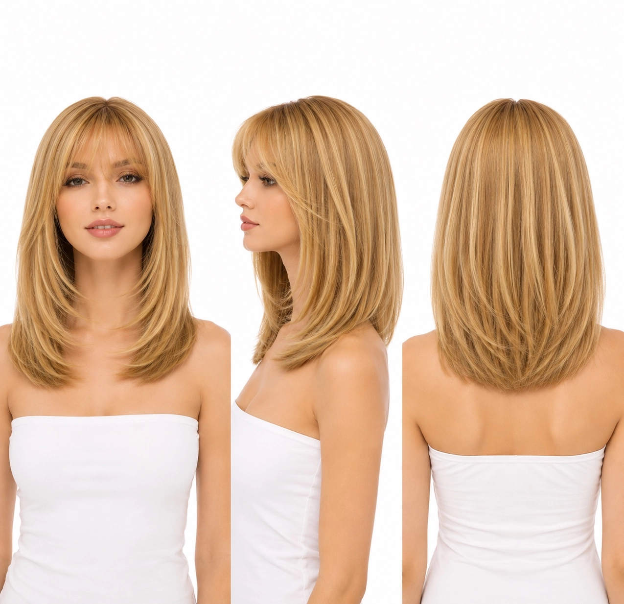 Perruque naturelle lisse Méché noisette clair et blond clair avec frange — 35 cm — Front Lace Wig