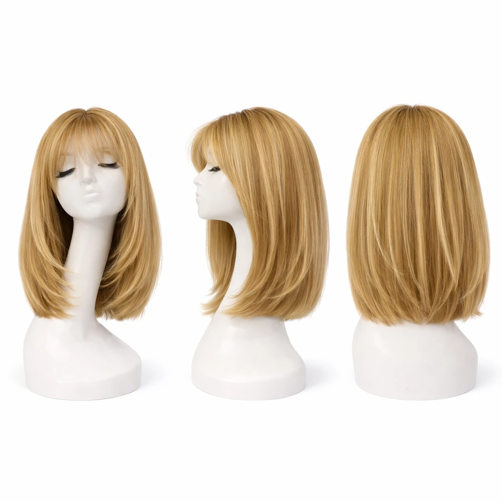 Perruque naturelle lisse Méché noisette clair et blond clair avec frange — 35 cm — Front Lace Wig – Image 2