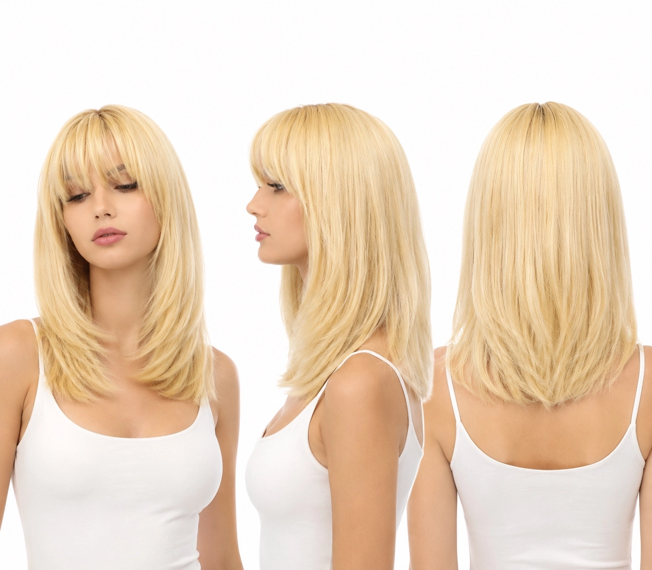 Perruque naturelle lisse Blond blanc avec frange — 40 cm — Front Lace Wig