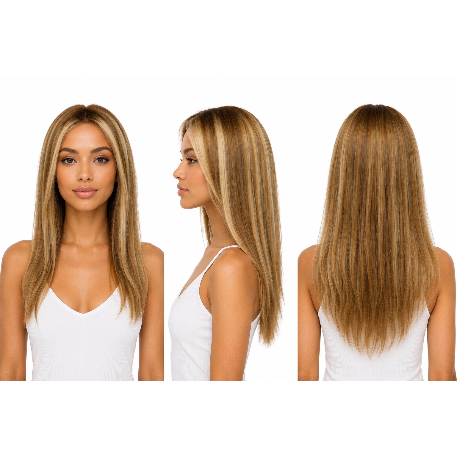 Perruque naturelle lisse Méché châtain et blond platine — 45 cm — Front Lace Wig
