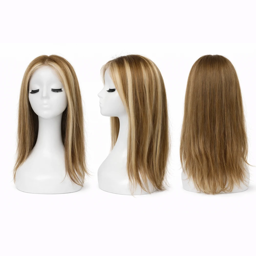 Perruque naturelle lisse Méché châtain et blond platine — 45 cm — Front Lace Wig – Image 2