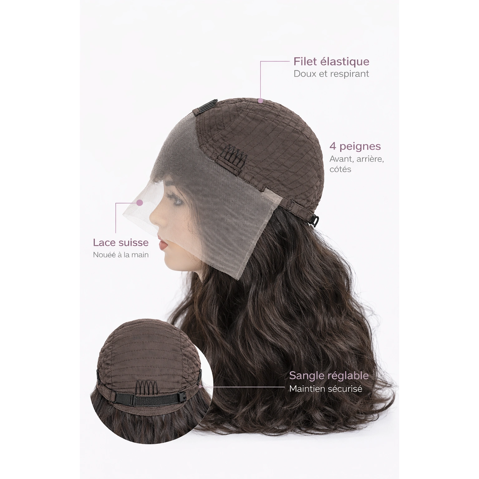 Perruque naturelle bouclée Noir clair — 55 cm — Front Lace Wig – Image 3