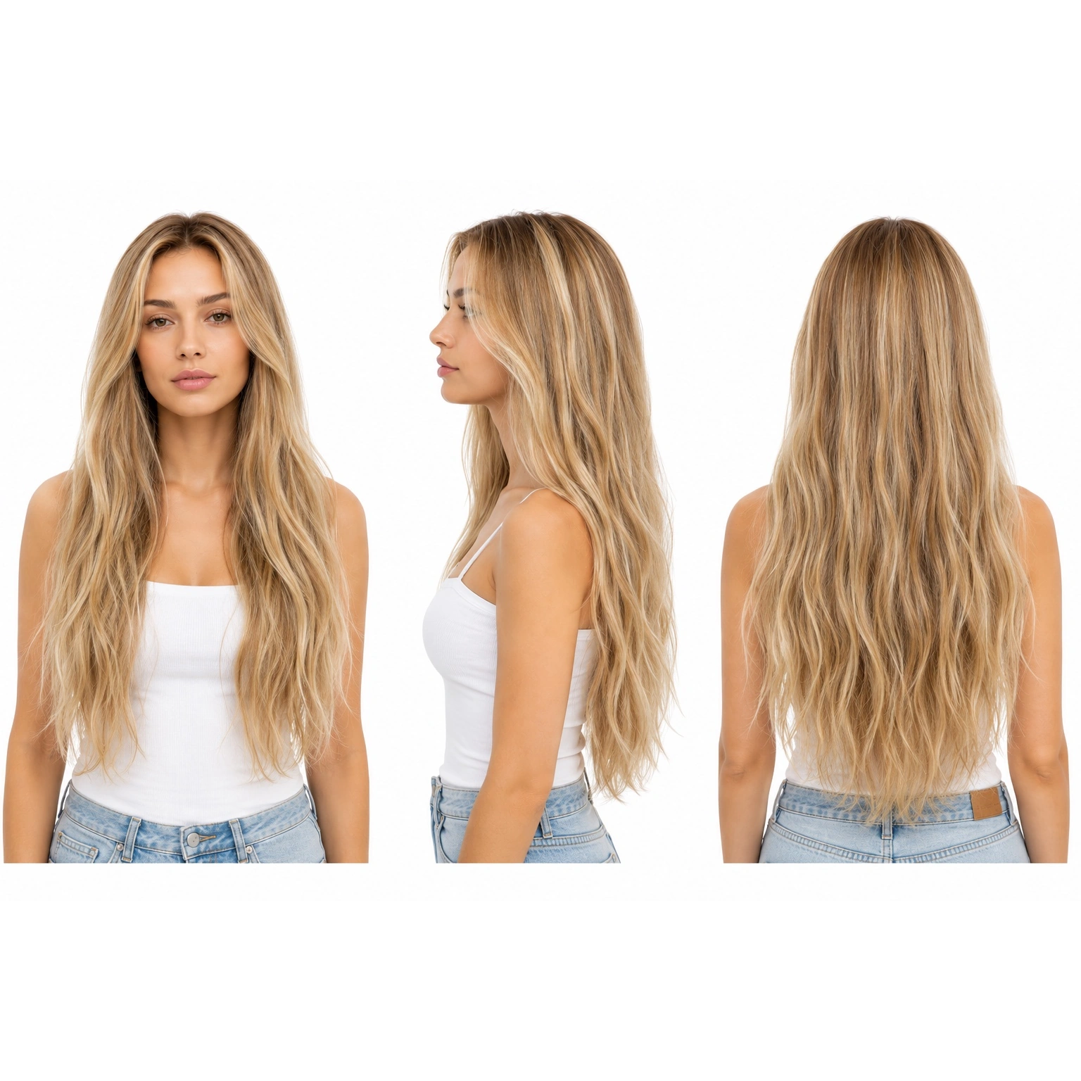 Perruque naturelle lisse Méché châtain et blond platine — 60 cm — Front Lace Wig