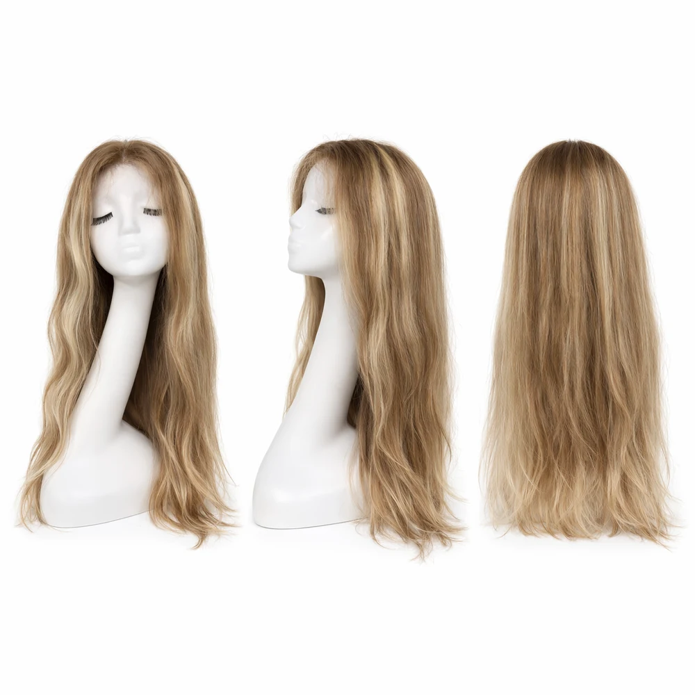 Perruque naturelle lisse Méché châtain et blond platine — 60 cm — Front Lace Wig – Image 2