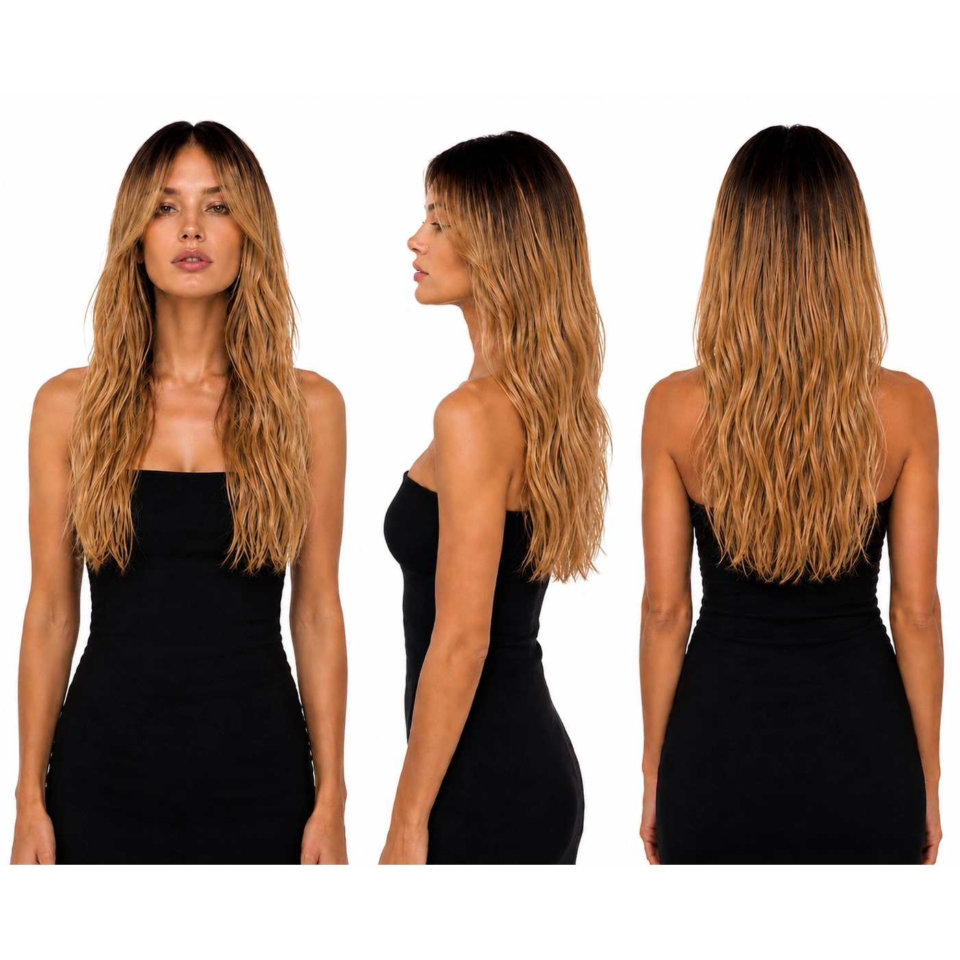 Perruque naturelle ondulée Tie & Dye brun-cuivre — 60 cm — Front Lace Wig