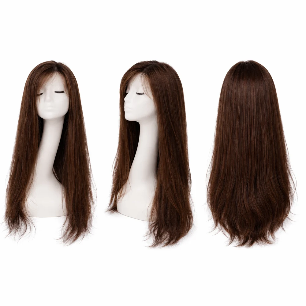 Perruque naturelle lisse Châtain — 65 cm — Front Lace Wig – Image 2