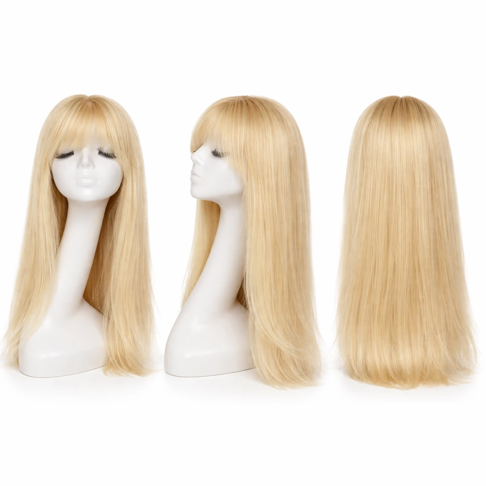 Perruque naturelle lisse Blond blanc avec frange — 65 cm — Front Lace Wig – Image 2