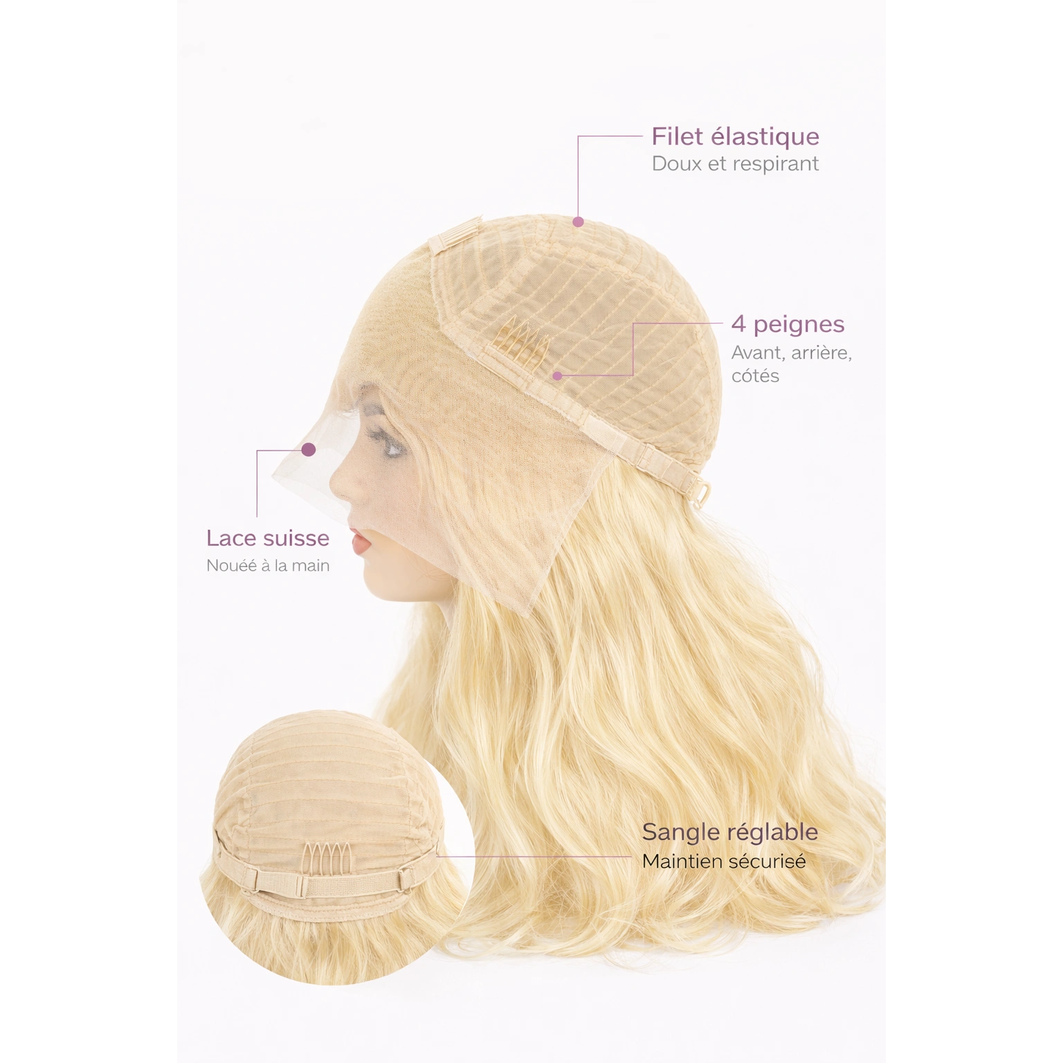 Perruque naturelle lisse Blond blanc avec frange — 65 cm — Front Lace Wig – Image 3