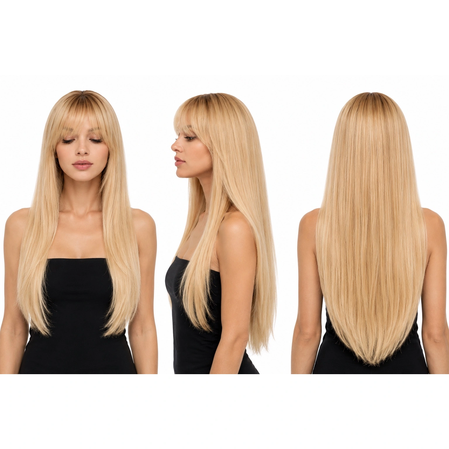 Perruque naturelle lisse Blond blanc avec frange — 65 cm — Front Lace Wig