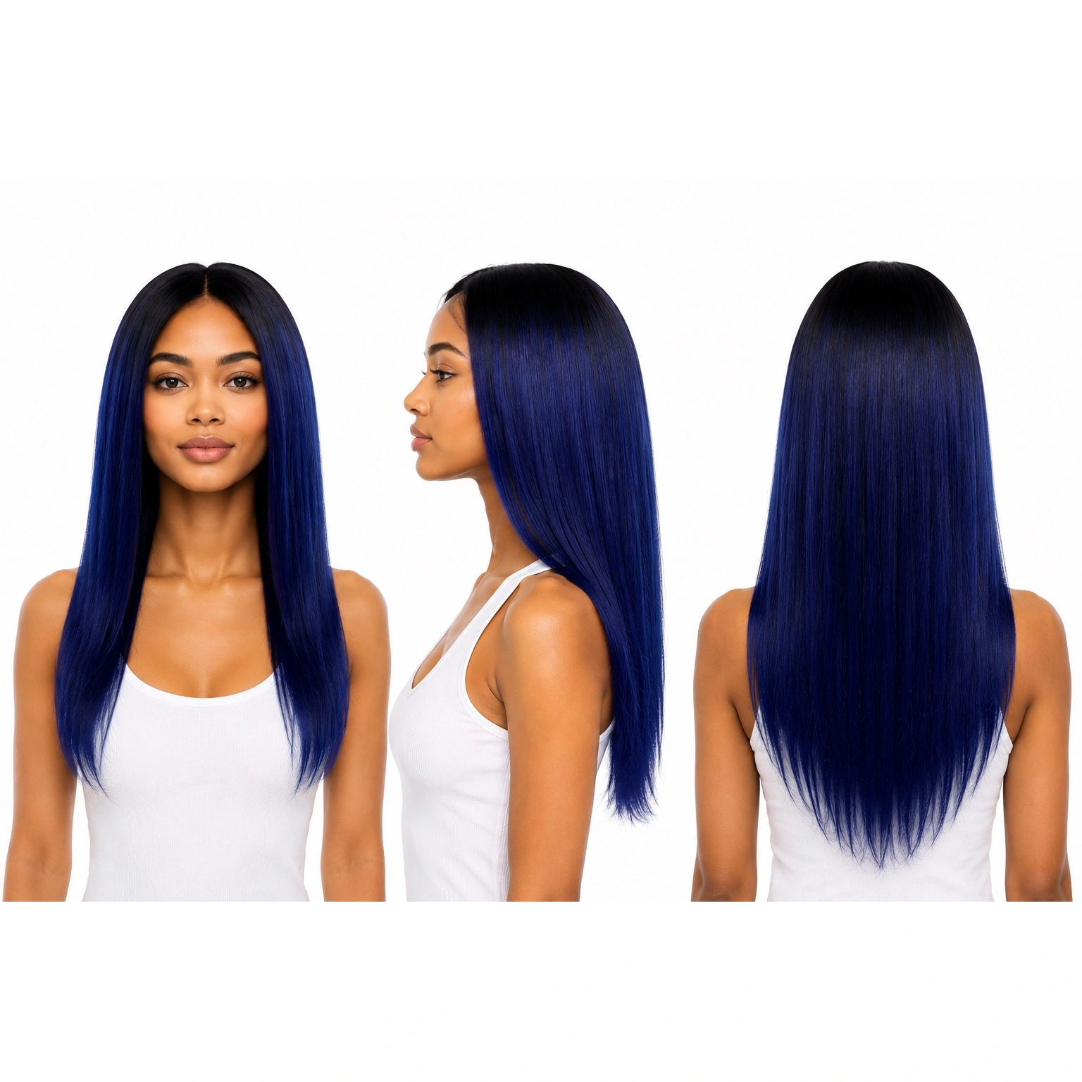 Perruque naturelle lisse Bleu — 65 cm — Front Lace Wig