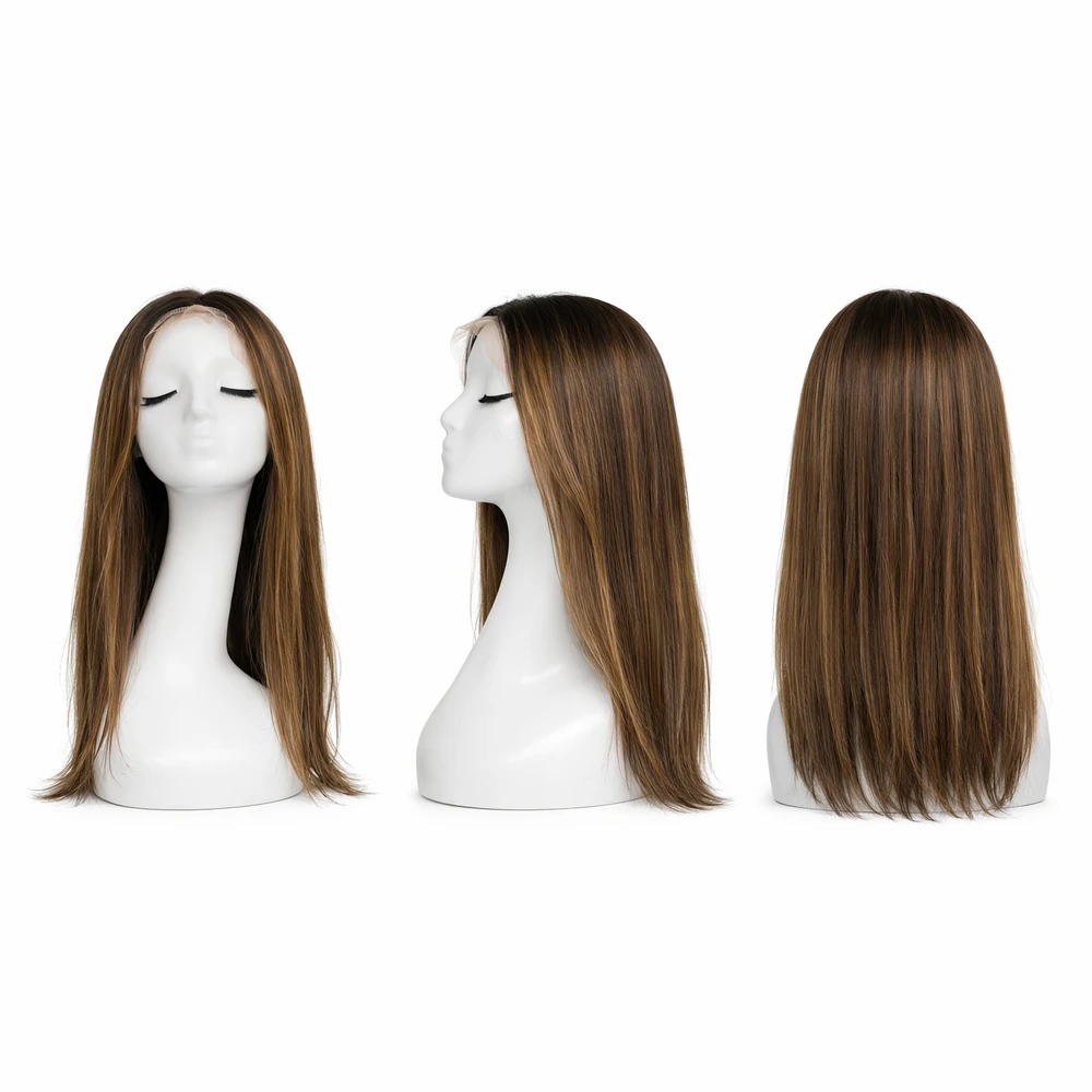 Perruque naturelle lisse Méché châtain blond vénitien — 70 cm — Front Lace Wig – Image 2