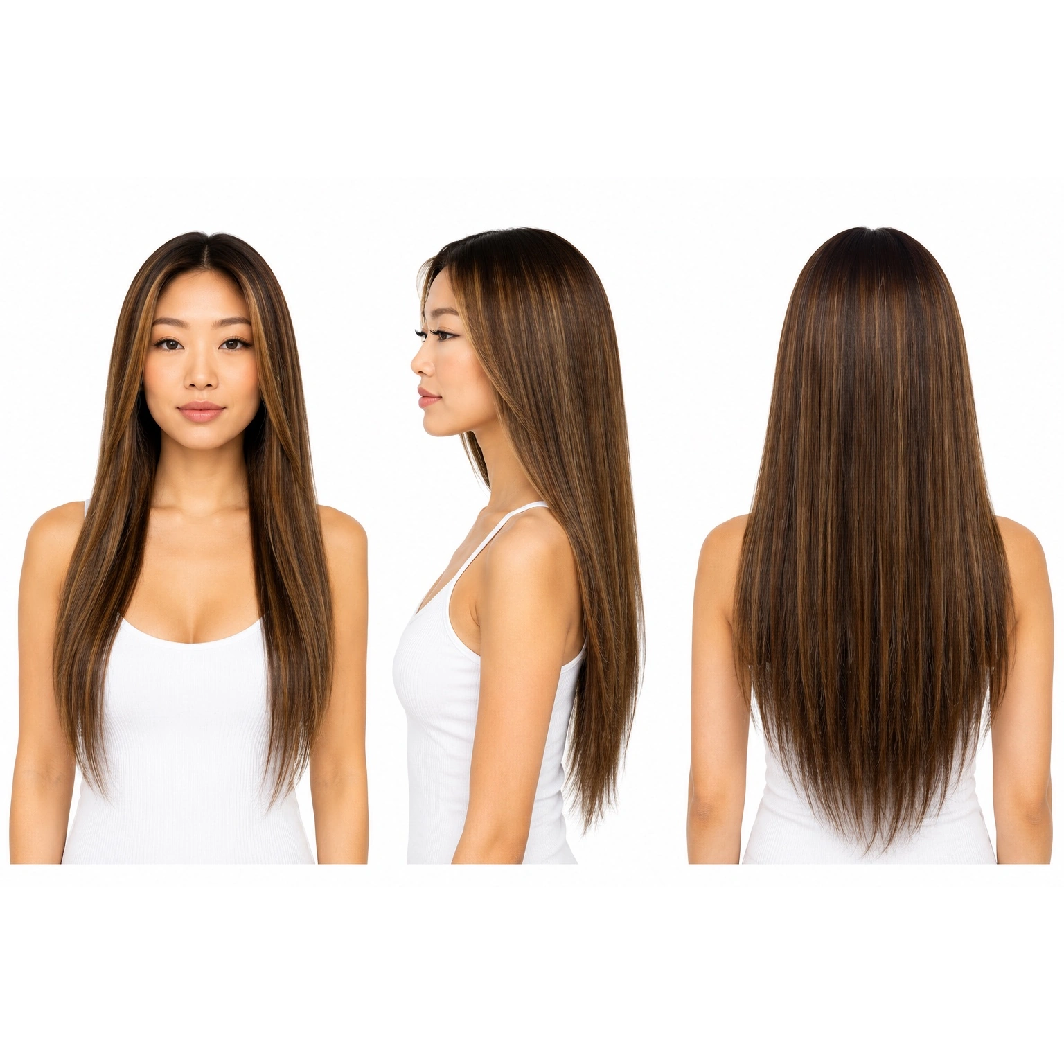 Perruque naturelle lisse Méché châtain blond vénitien — 70 cm — Front Lace Wig