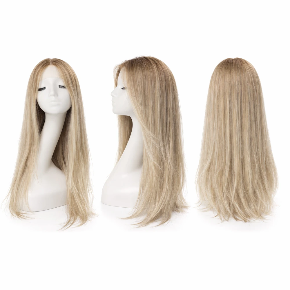 Perruque naturelle lisse Méché blond foncé blond blanc — 75 cm — Front Lace Wig – Image 2