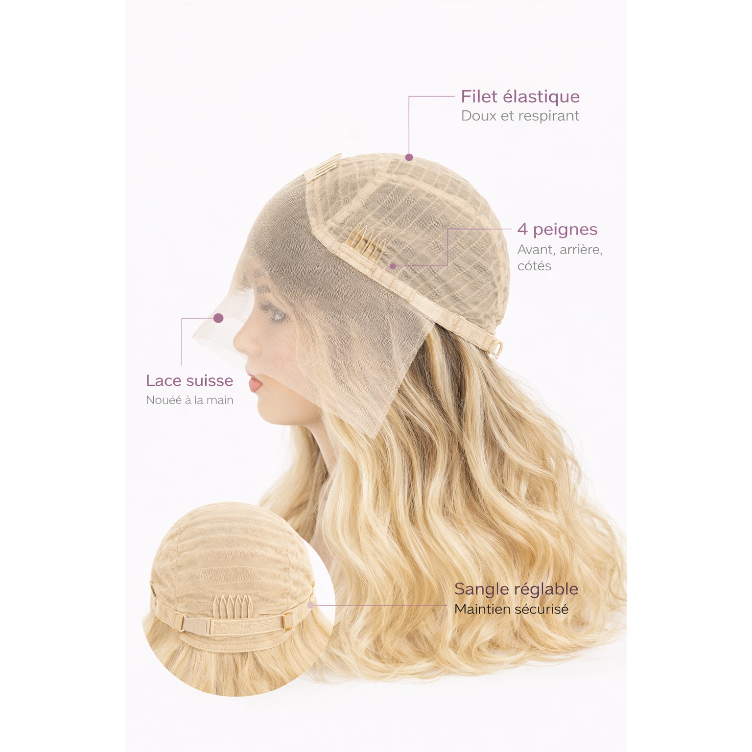 Perruque naturelle lisse Méché blond foncé blond blanc — 75 cm — Front Lace Wig – Image 3