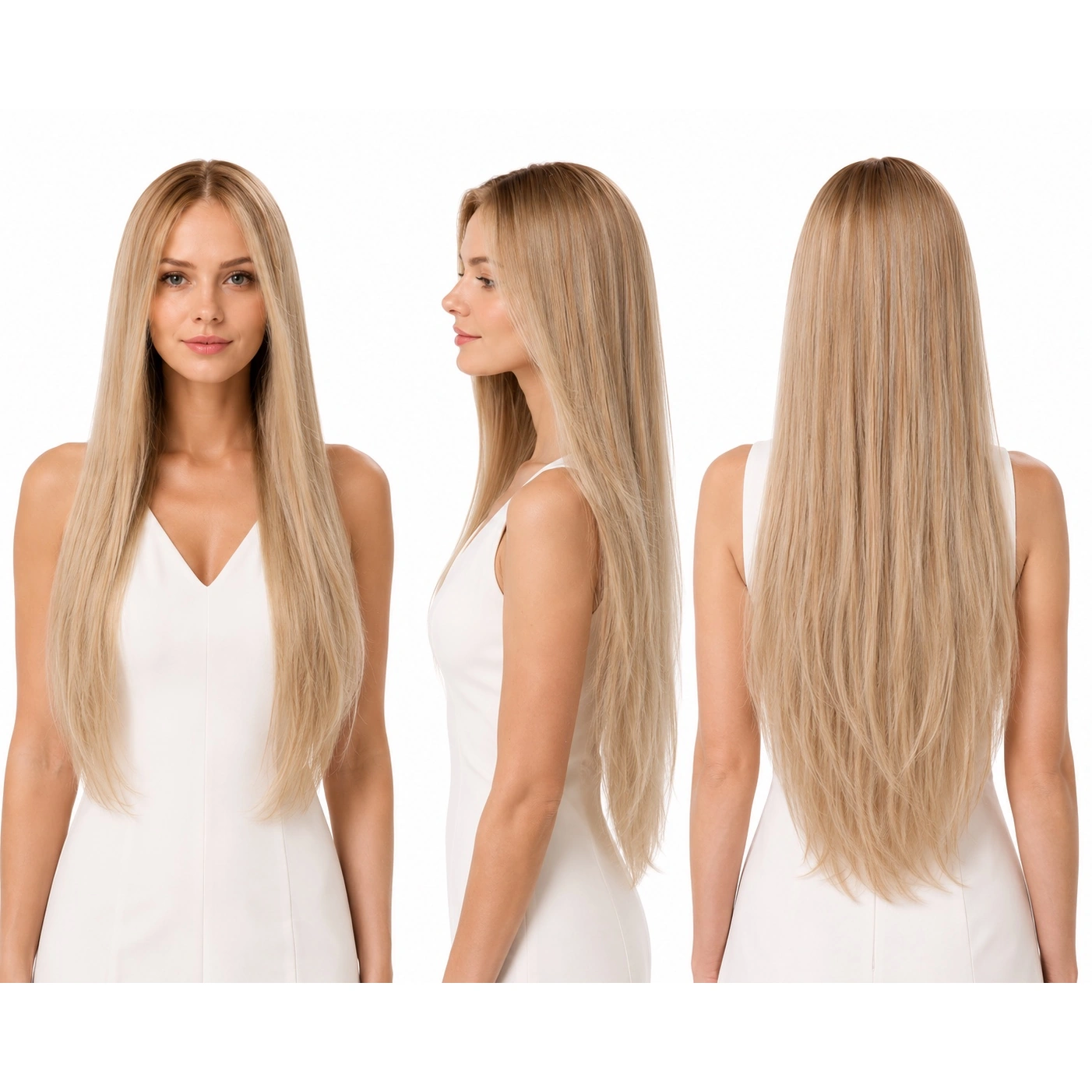 Perruque naturelle lisse Méché blond foncé blond blanc — 75 cm — Front Lace Wig