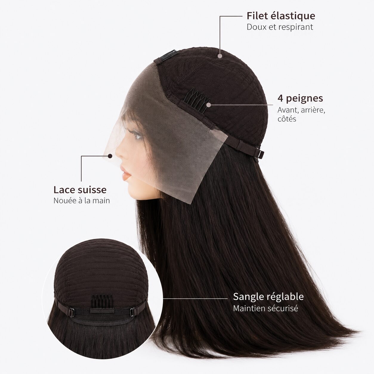 Perruque naturelle bouclée Noir clair — 45 cm — Front Lace Wig – Image 3