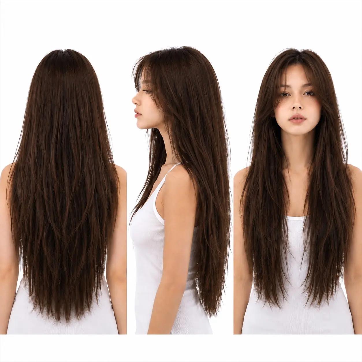 Perruque naturelle lisse Brun #2 — 80 cm — Front Lace Wig
