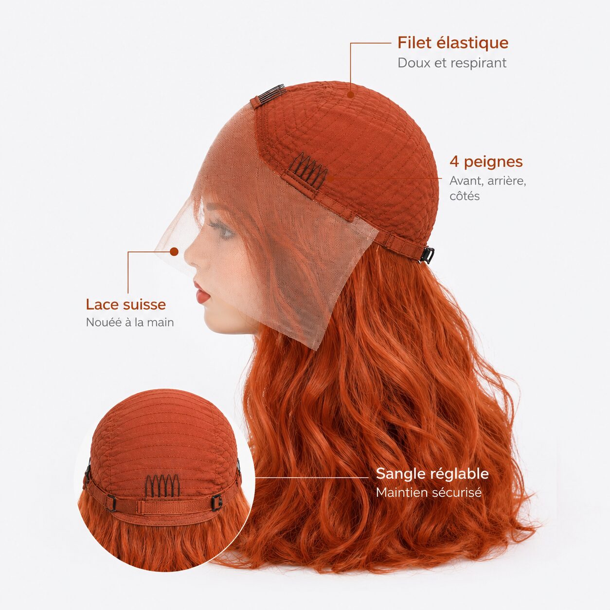 Perruque naturelle lisse Cuivré clair — 75 cm — Front Lace Wig – Image 3