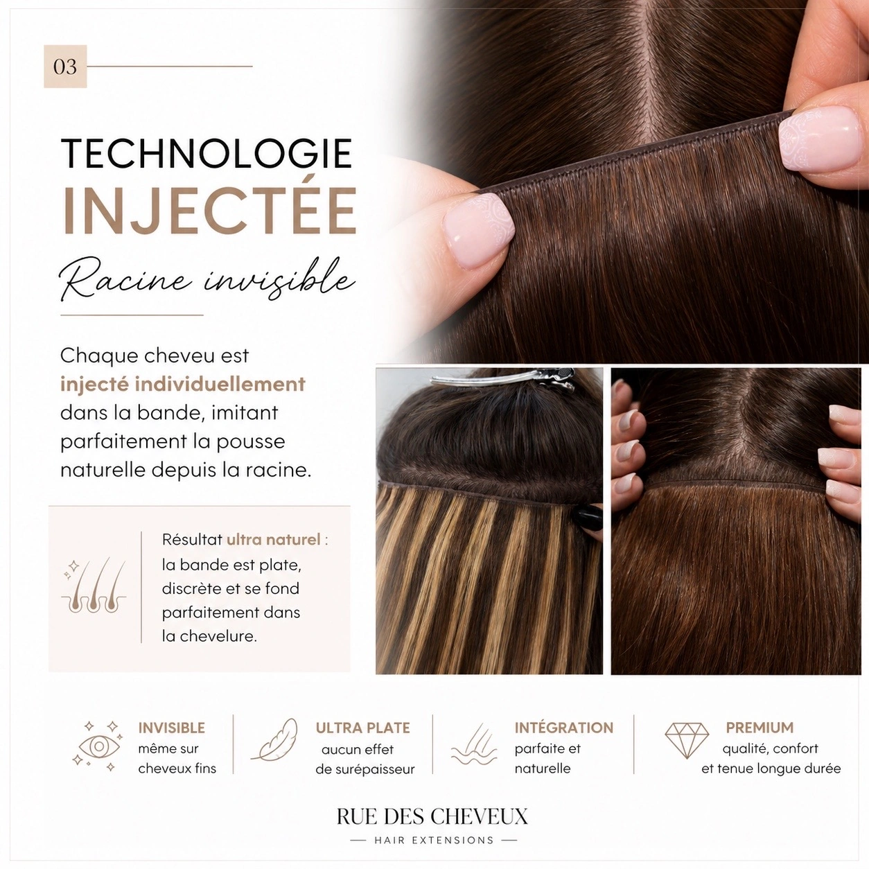 Extensions injectées cheveux blonds clair lisses, fibre Remy Hair