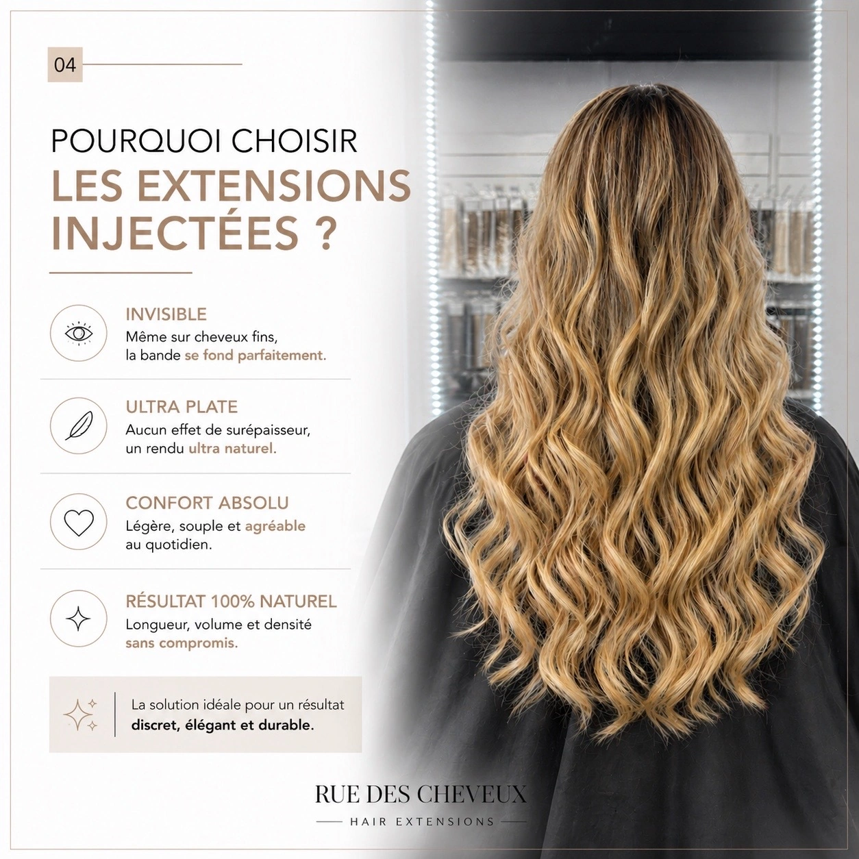 Extensions injectées cheveux noirs longs lisses, rendu indétectable Remy Hair